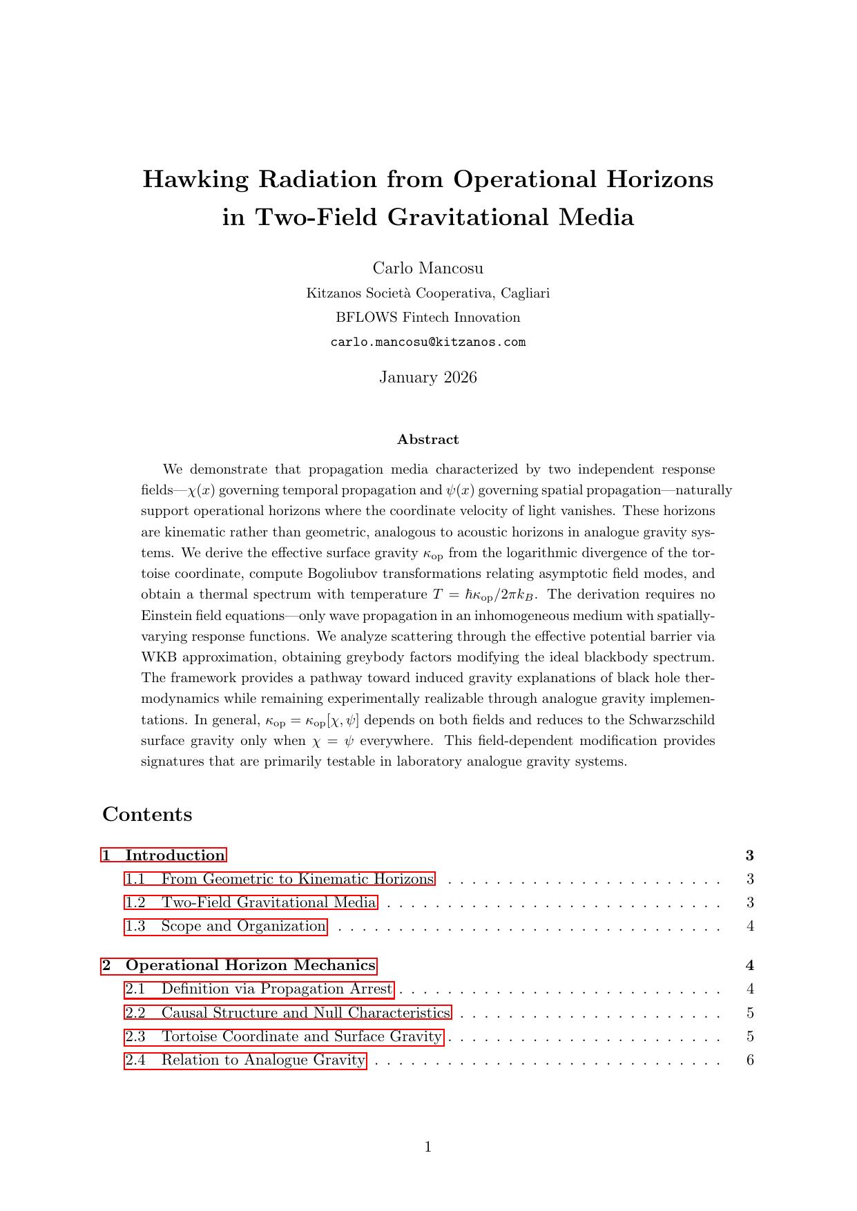 Hawking Radiation from Operational Horizons in Two-Field Gravitational Media