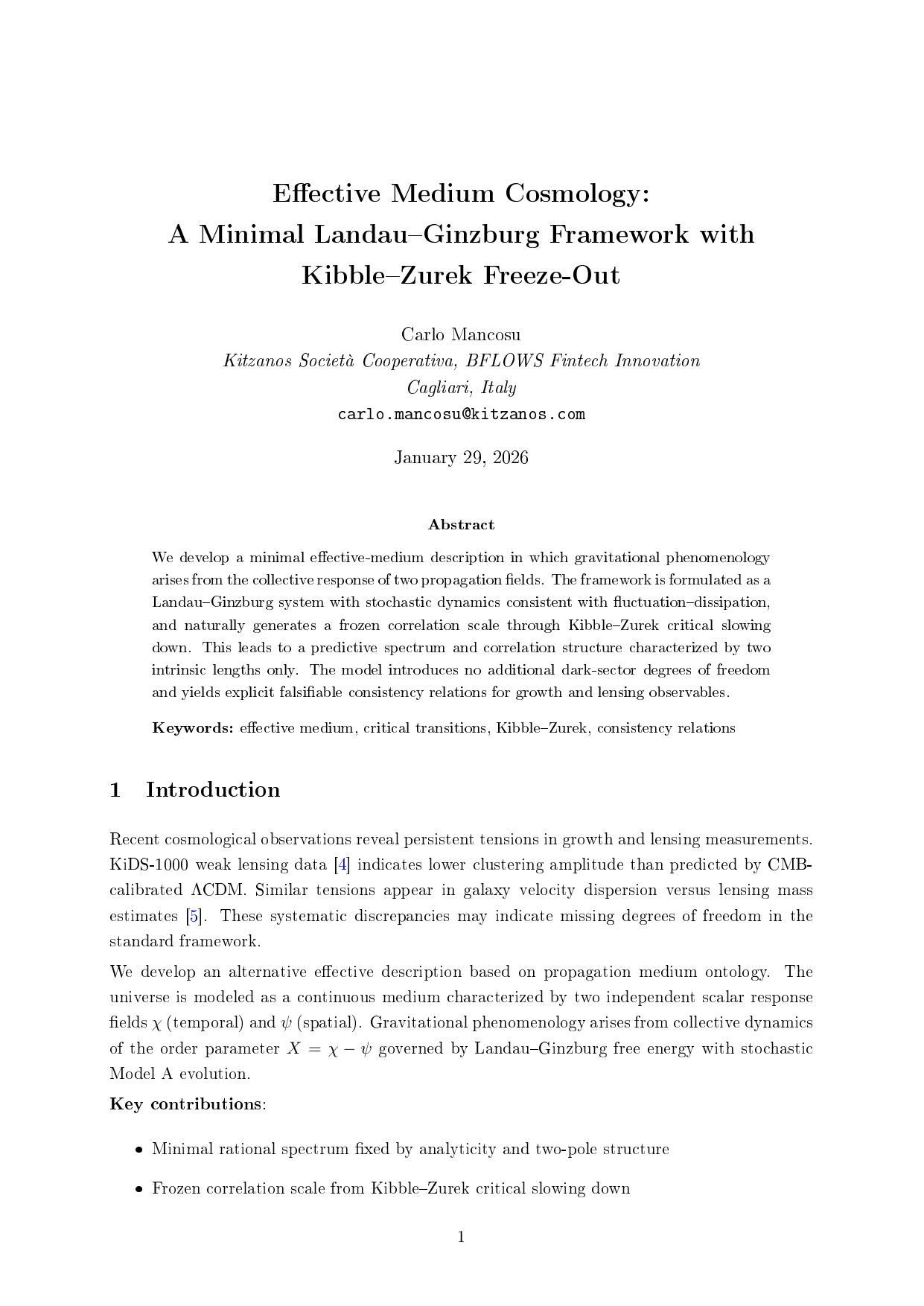 Effective Medium Cosmology: A Minimal Landau-Ginzburg Framework with Kibble-Zurek Freeze-Out