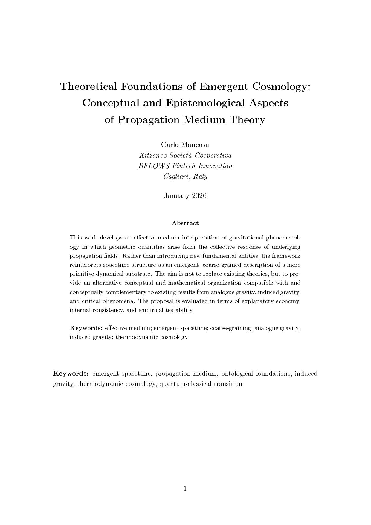 Theoretical Foundations of Emergent Cosmology: Conceptual and Epistemological Aspects of Propagation Medium Theory