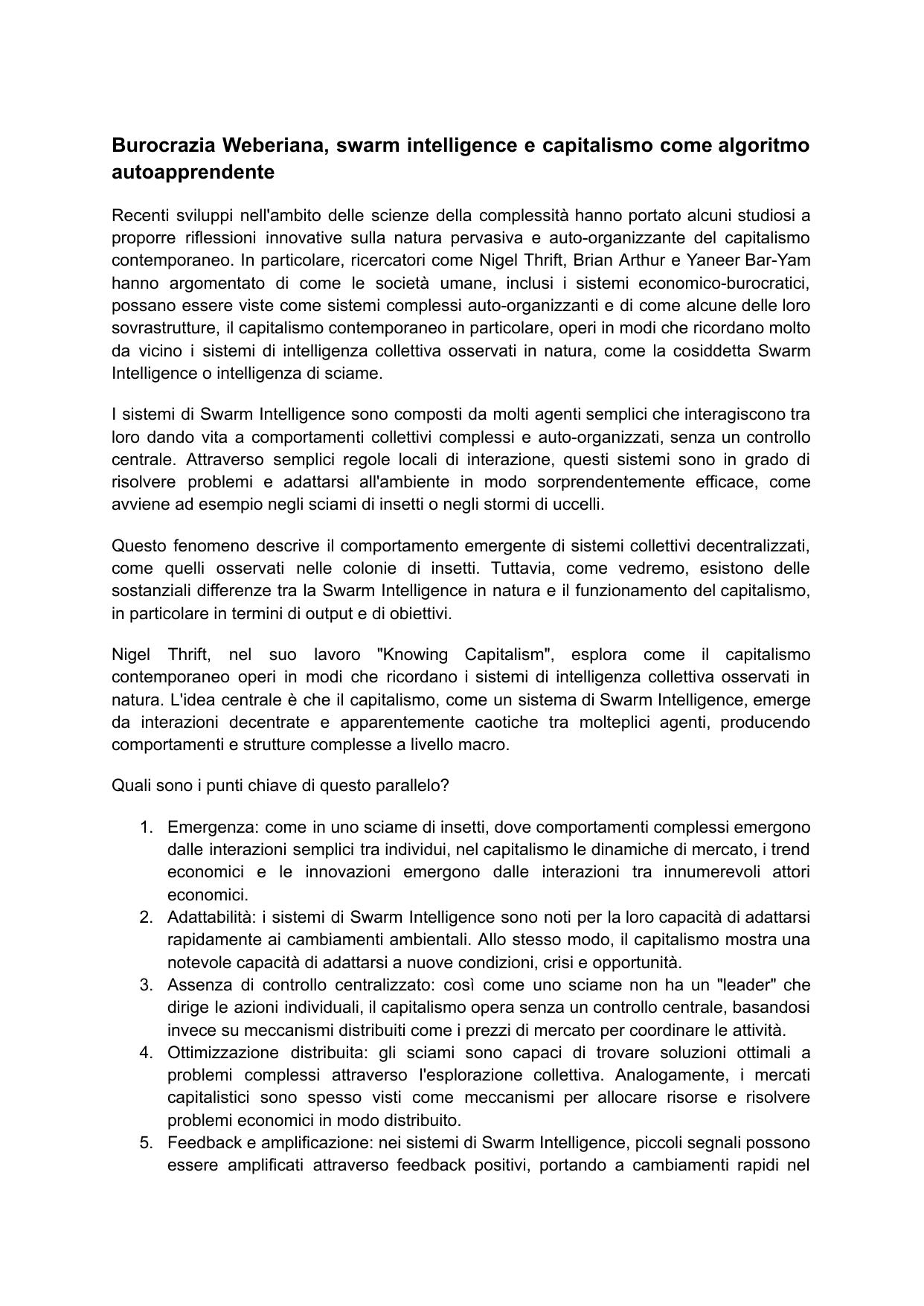 Burocrazia Weberiana, swarm intelligence e capitalismo come algoritmo autoapprendente