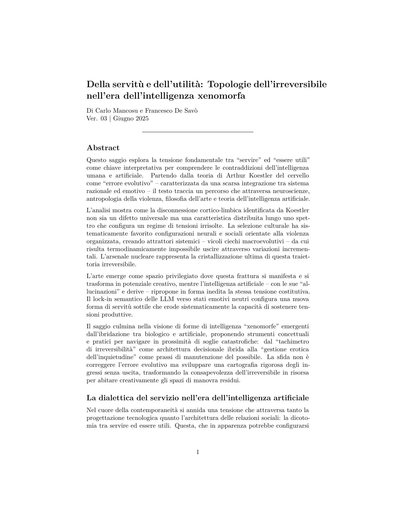 Della servitù e dell’utilità: Topologie dell’irreversibile