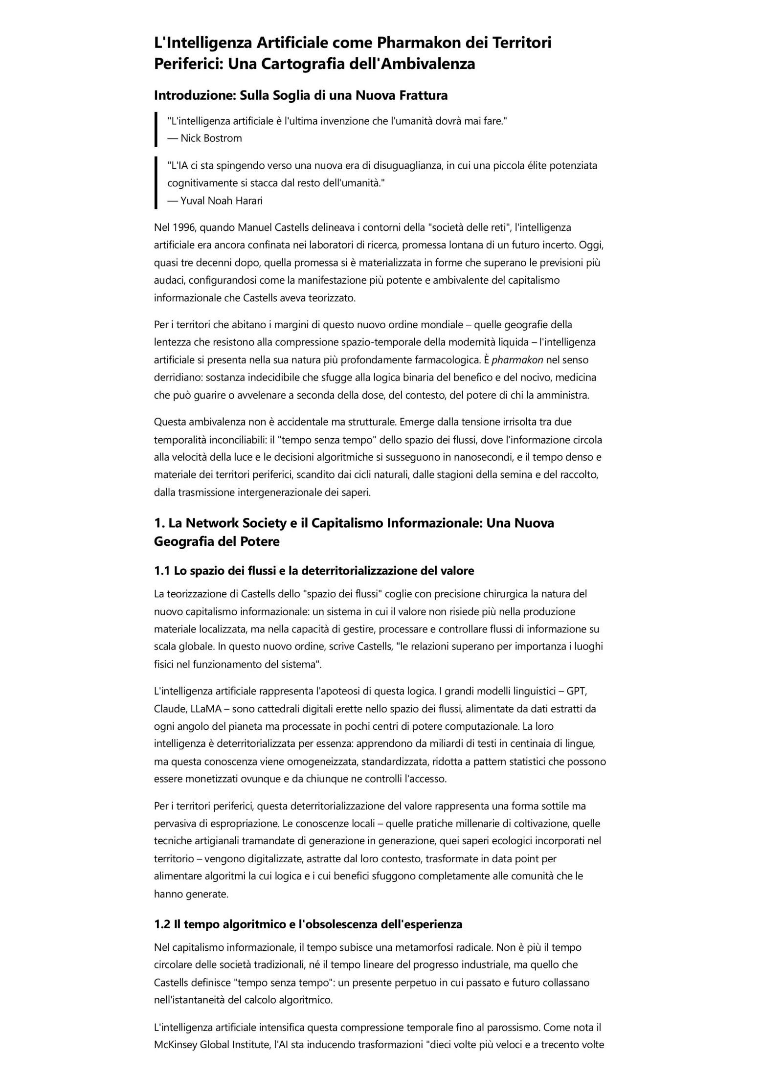 L'Intelligenza Artificiale come Pharmakon dei Territori Periferici