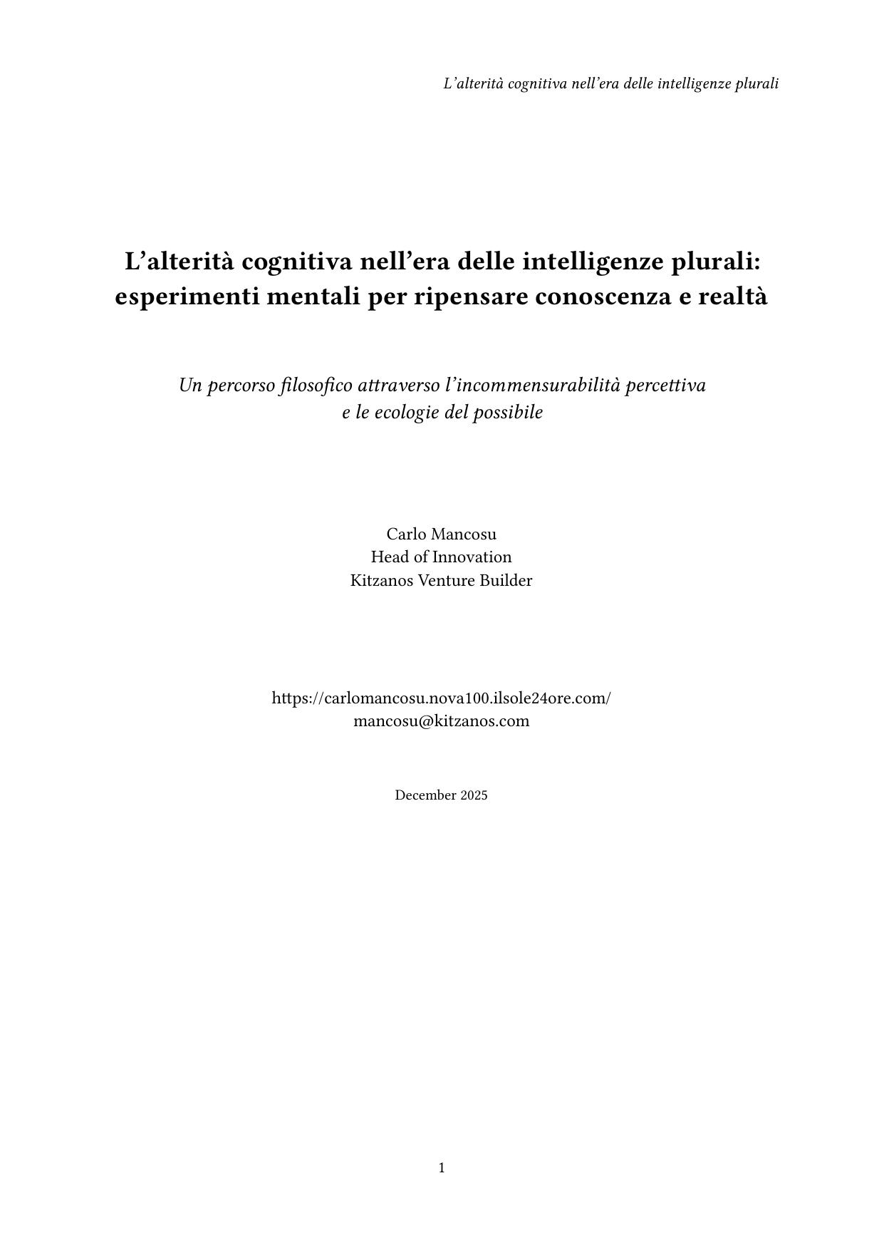 L'alterità cognitiva nell'era delle intelligenze plurali: esperimenti mentali per ripensare conoscenza e realtà