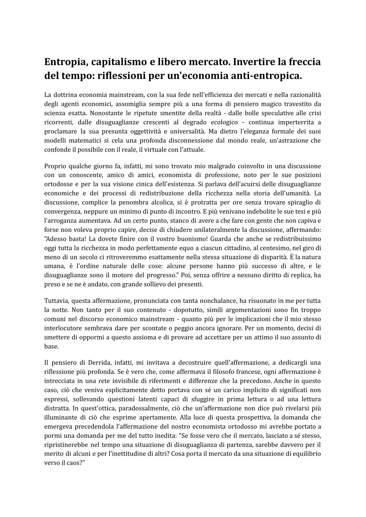Entropia, capitalismo e libero mercato. Invertire la freccia del tempo: riflessioni per un'economia anti-entropica
