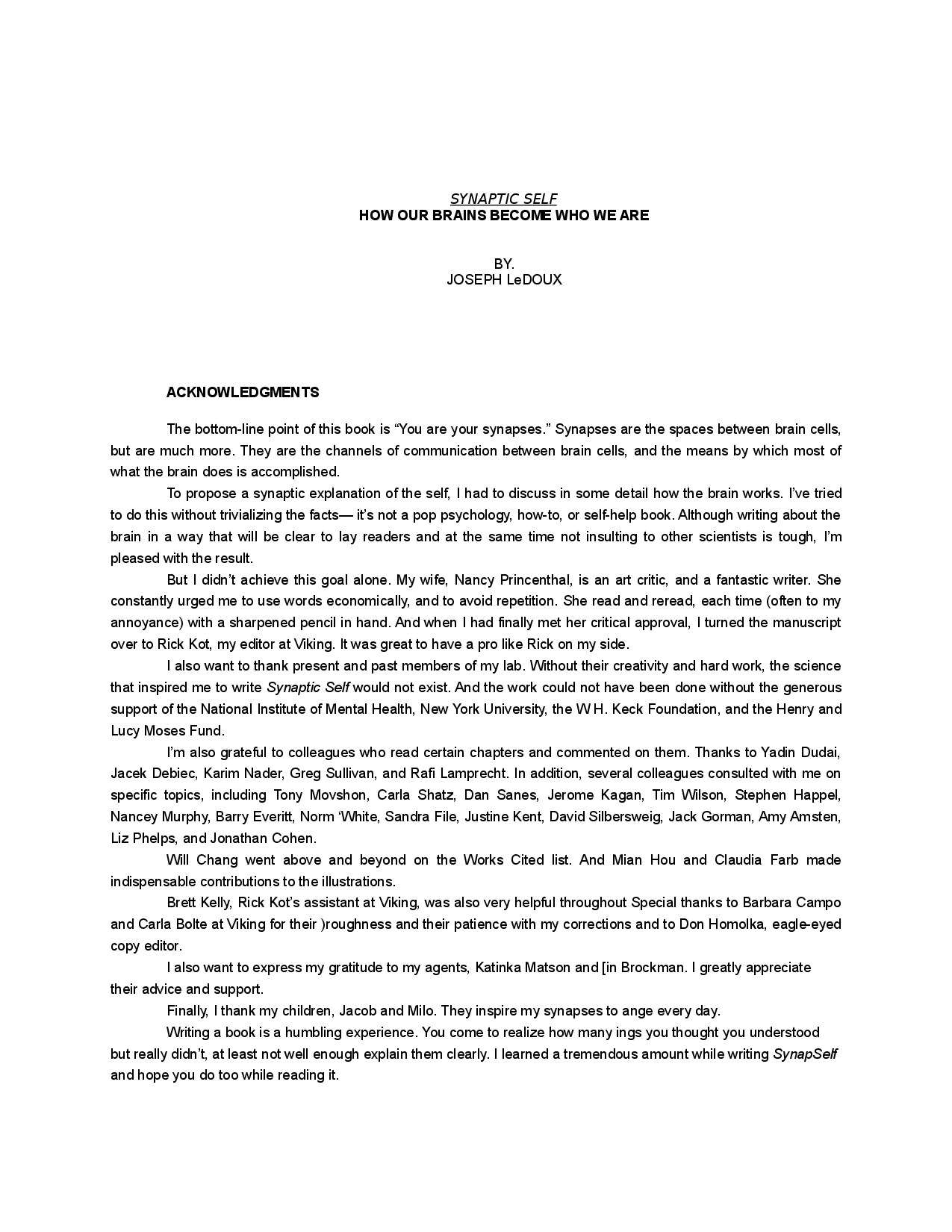 Synaptic Self: How Our Brains Become Who We Are